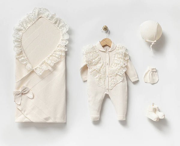 Baby newborn set of 5 100% organic cotton knitting set “collar lace” cream