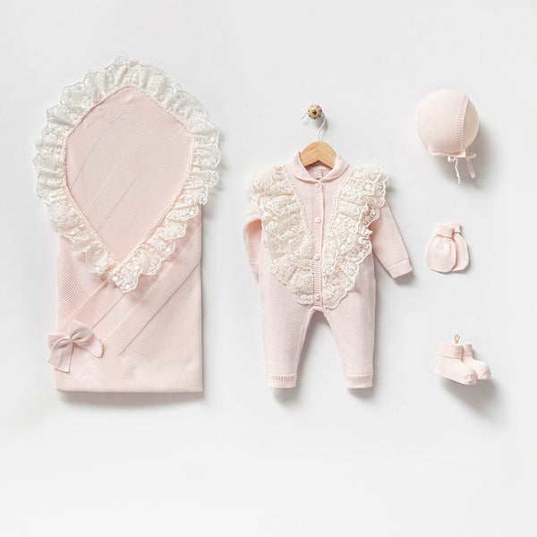 Baby newborn set of 5 100% organic cotton knitting set “collar lace” pink