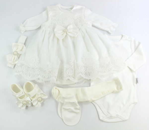 Newborn girl set 6 pieces. Dress, bodysuit, shoes, tights, hair band, gloves