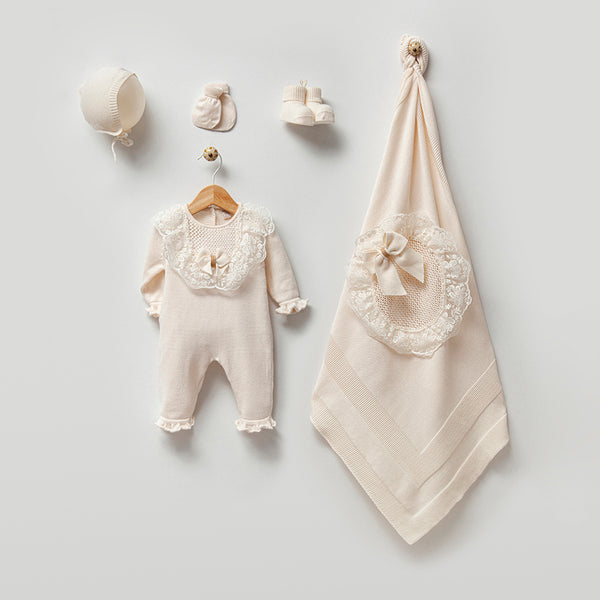 Baby Neugeborene 5 Teilig Strickset 100% BIO-Baumwolle Prinzessin Spitzendetail