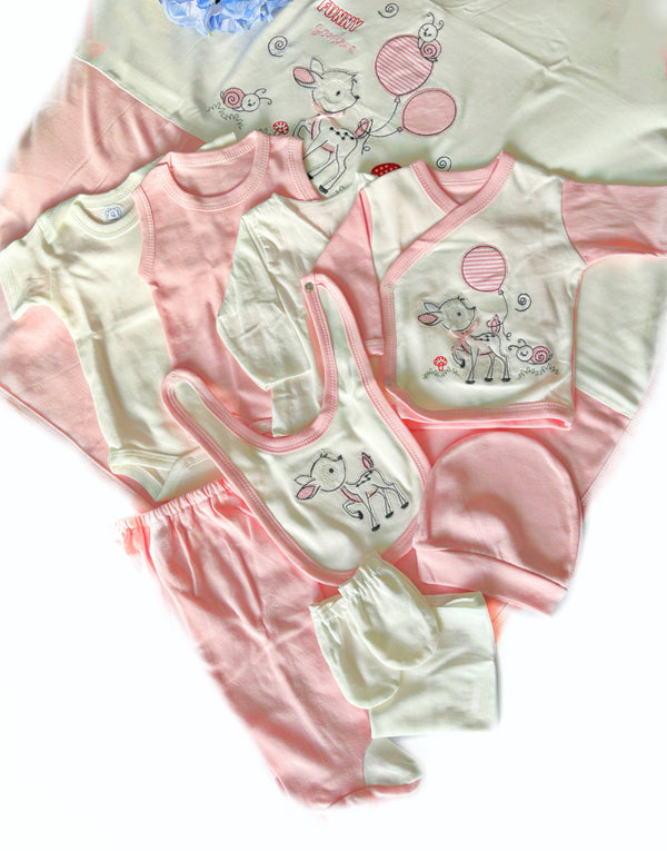 Baby Girl Gift Set of 10 Initial Equipment 100% Cotton “Deer”