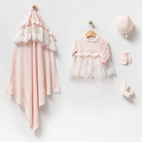 Baby Newborn 5 Piece Knitting Set 100% Organic Cotton Princess Lace Detail Pink Newborn